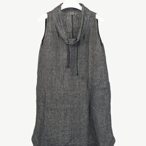 Crea Concept Drawstring Collar & Hem Linen Midi Sleeveless Black Dress